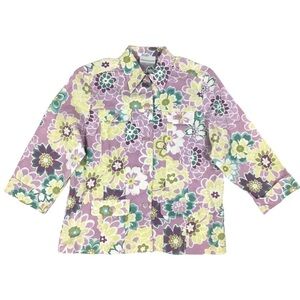 ALFRED DUNNER Linen Jacket Floral Blazer Shacket Y2K Boho Coastal Petite Size 6P